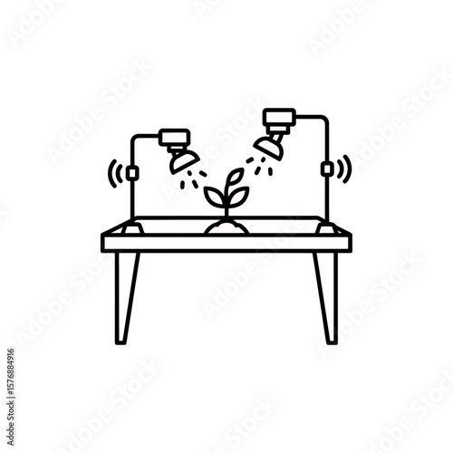 Outline illustration of a small plant seedling thriving under controlled lighting system indoors, concept for urban farming solutions, scientific experiment setup and sustainable agriculture promotion
