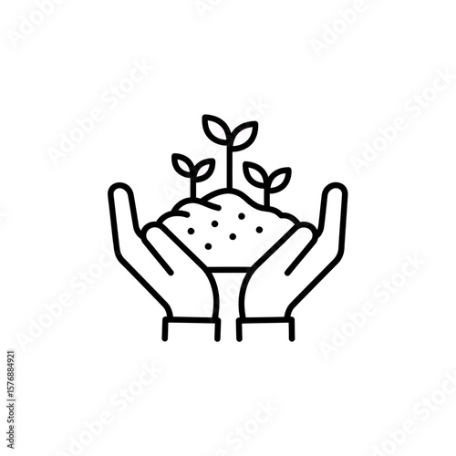 Simple line icon showing human hands gently cupping rich soil with three emerging seedlings sprouting upwards, concept for natural growth promotion, environmental stewardship, and sustainable