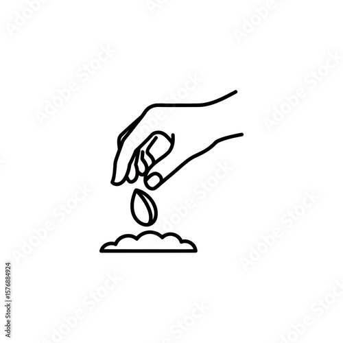 Clean black and white outline vector illustrating a human hand carefully dropping a single seed onto a patch of soil, concept for agricultural projects, business development initiatives and