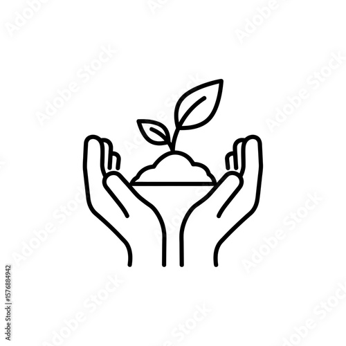 Simple line illustration showing a pair of hands carefully supporting a young plant seedling with soil, concept for ecological awareness campaigns, renewable resource projects and agricultural