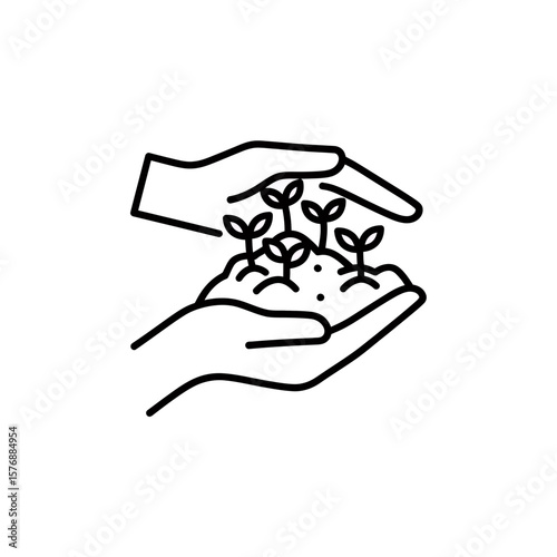Simple black outline illustration depicting cupped hands cradling several young plant sprouts emerging from fertile soil, concept for ecological conservation initiatives, sustainable agriculture
