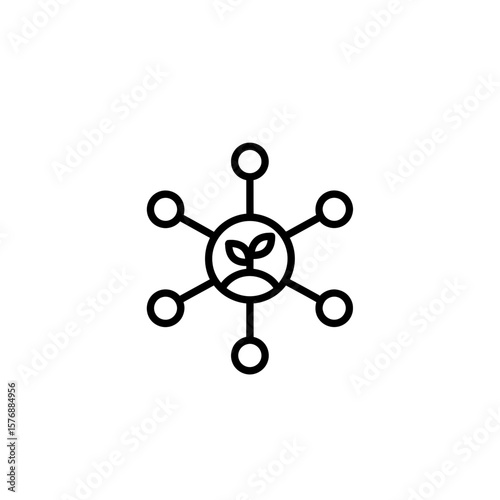 Clean minimalist line icon representing a central person with plant connected to six surrounding network nodes, concept for illustrating environmental network connections, community growth
