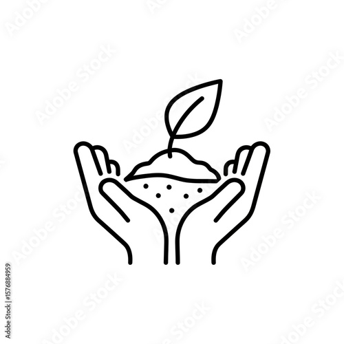 Stylized linear drawing showcasing hands gently cupping soil containing a delicate seedling with a single leaf, concept for environmental projects, agricultural development and ecological initiatives