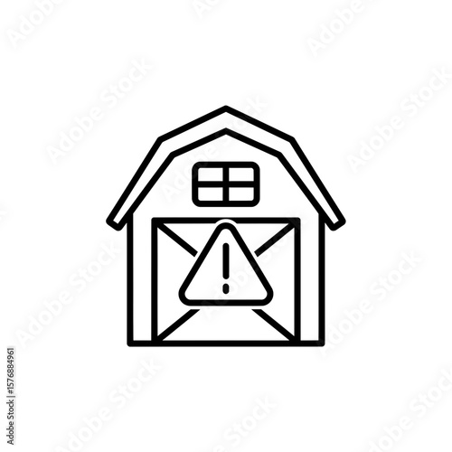 Simple line illustration of a rustic barn building displaying a prominent warning hazard symbol, concept for agricultural safety notifications, rural hazard alerts and farm property security warnings