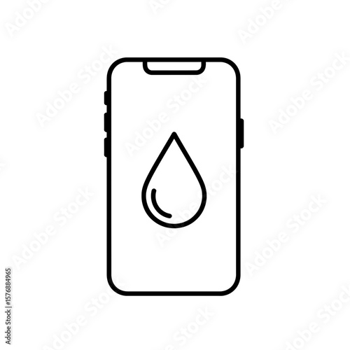 Minimalist single line drawing style smartphone showing a water droplet symbol on the illuminated digital display, concept for contemporary mobile application interface design, digital user