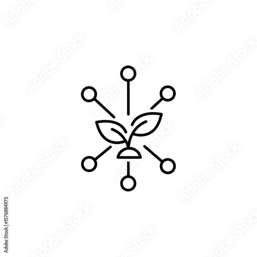 Detailed line art icon depicts a budding plant central to interconnected nodes radiating outward, symbolizing development, concept for sustainable development solutions, green technology initiatives