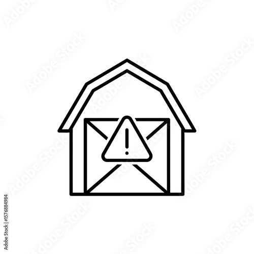 Detailed outline vector graphic depicting a barn building featuring a critical warning sign on its central doors, concept for indicating agricultural safety hazards, farm building security alerts