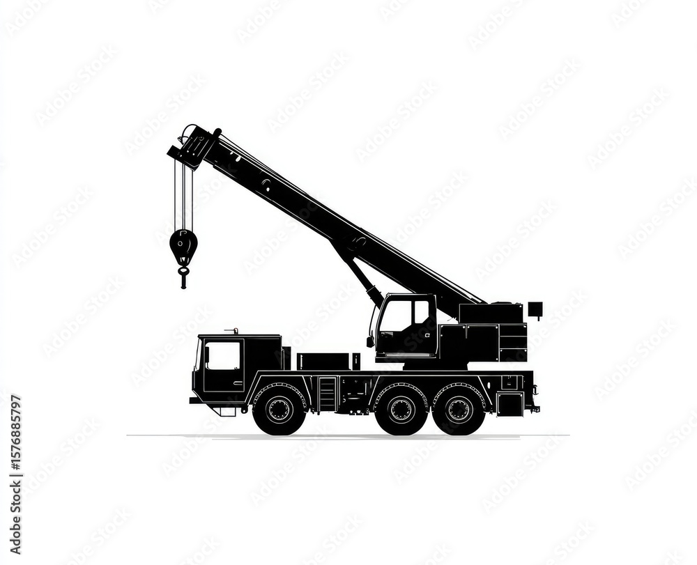 Naklejka premium A monochrome illustration of a large, mobile crane with an extended boom, hook, and multiple axles, set against a stark white backdrop