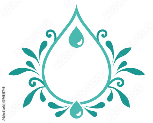 Elegant teal water drop design with floral flourishes for logos and decorative backgrounds.
