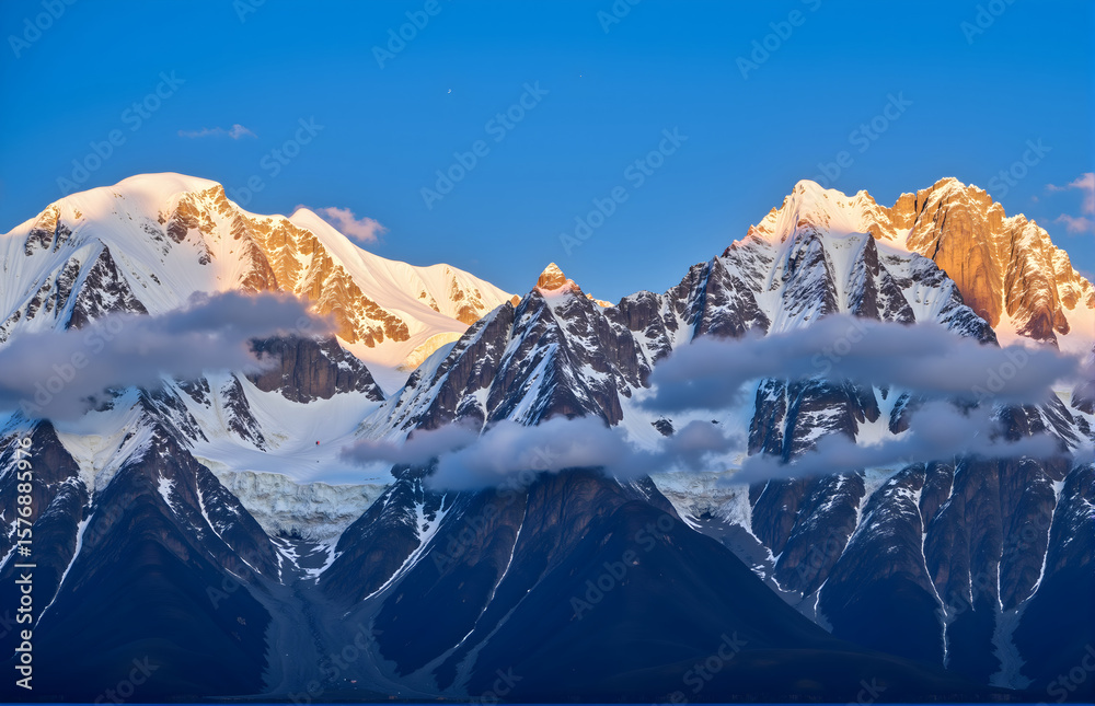 Fototapeta premium Snow Mountains, Clouds & Sunlit Golden Peaks