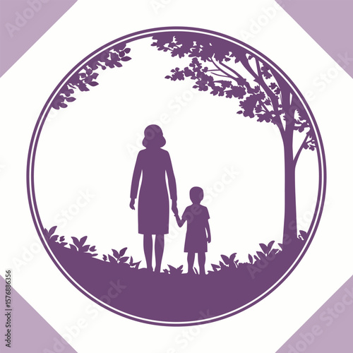 Mother and child silhouette walking in nature with tree and greenery within a purple circle frame.