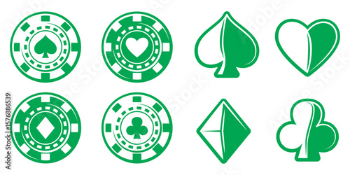 The green-and-white style poker chips and their varieties feature the classic symbols of hearts, spades, diamonds, and clubs on a clean white background.