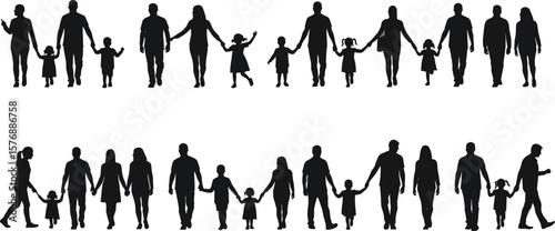 Silhouette families holding hands in unity, cad drawing flat vector illustration, community support, family bond concept, social connection layout