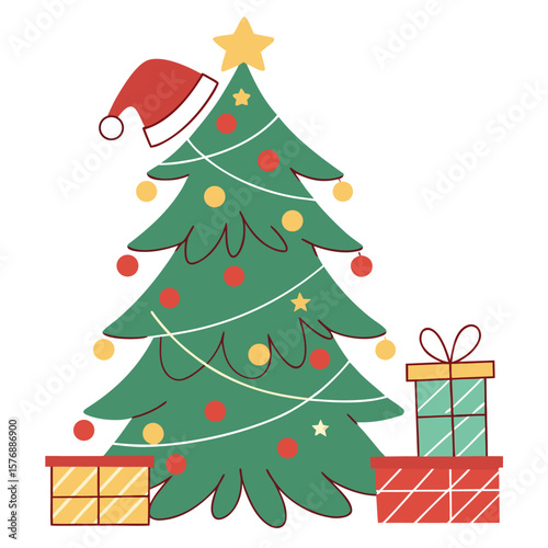 Decorated Green Fir Tree with Presents and Santa Hat