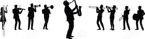 Silhouette of jazz band musicians playing instruments, performing in harmony, musical ensemble vector illustration, isolated on white background