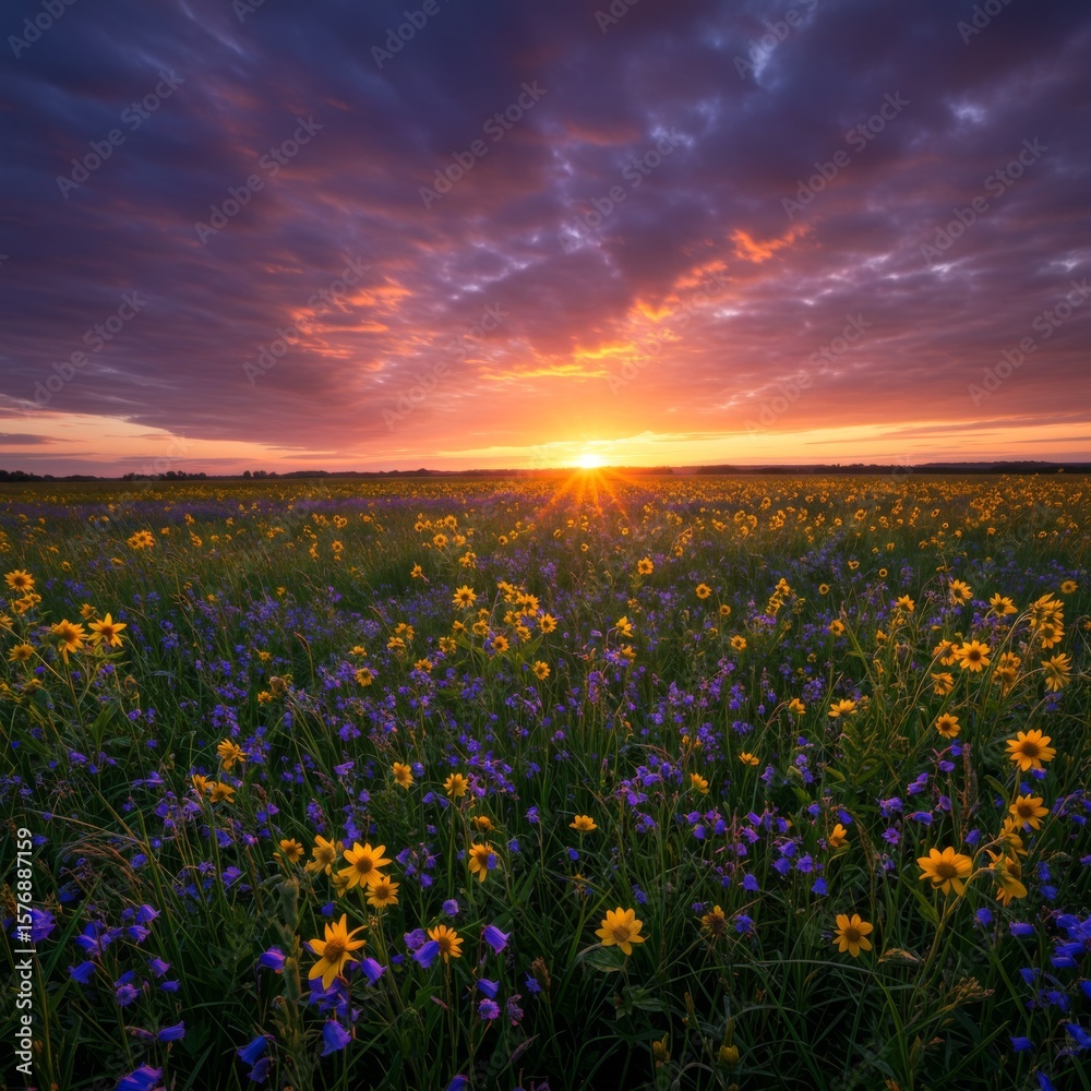 Obraz premium Vibrant Sunset Over a Field of Yellow and Purple Flowers