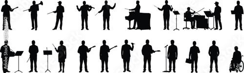 Silhouette of diverse musicians and performers playing instruments, singing, conducting, including person in wheelchair, isolated on white background vector
