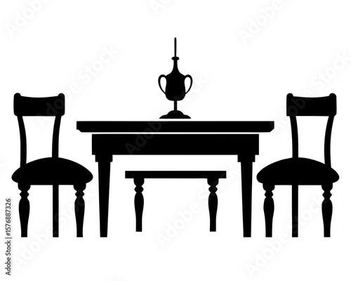 Elegant dining table black silhouette graces a clean white background vector.