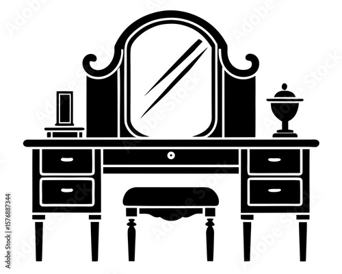 Elegant dressing table black silhouette stands on a clean white background.