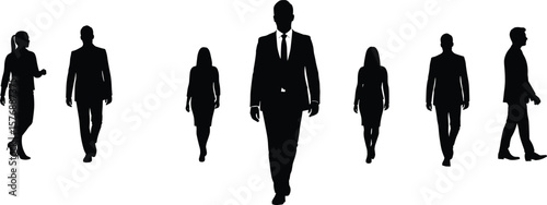 Silhouettes of business professionals walking, office attire, leadership concept, teamwork, unity in diversity, corporate lifestyle, modern work environment, movement