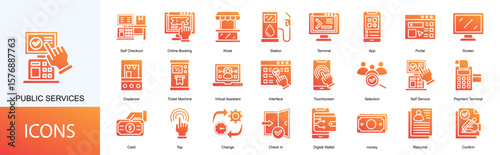 public services icon collection set. Containing  Online Booking, Kiosk, Station, Terminal, App, Portal, Screen icon