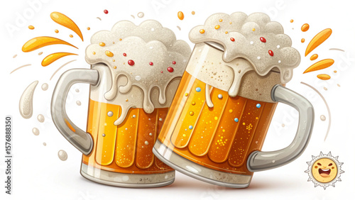 Two cartoon beer mugs with overflowing foam and colorful sprinkles in a celebratory toast scene