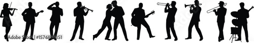 silhouettes of musicians and dancers, performing live, playing instruments, entertainment vibe, artistic movement, music celebration