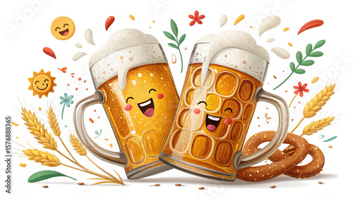 Two cartoon beer mugs with faces clinking glasses surrounded by pretzels and wheat illustrations