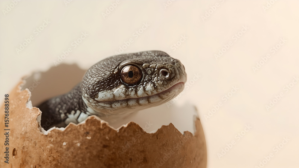 Fototapeta premium Newborn Lizard Hatching from Cracked Egg on Light Background in a Studio Shot