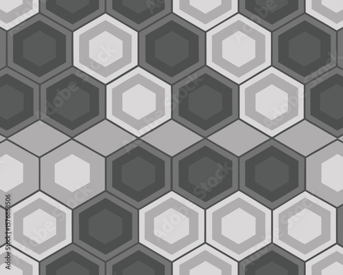 Abstract geometric hexagon pattern seamless texture in grayscale for background and design elements.