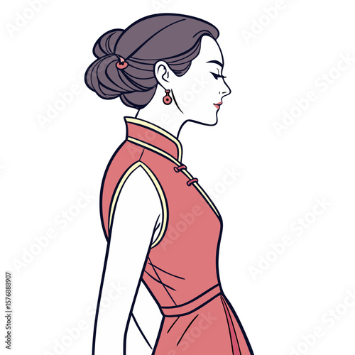 Chinese Woman Wearing Qipao with Side-Parted Hair Vector Illustration. Perfect for: Chinese New Year, Mid-Autumn Festival, Shanghai Fashion Week
