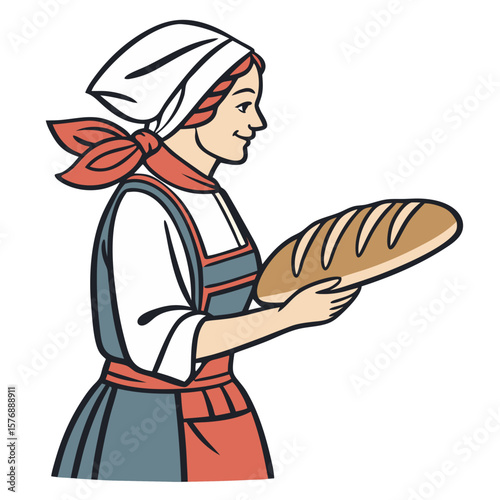 Czech Woman in Traditional Folk Dress Holding Bread Vector. Perfect for: Masopust Festival, Czech Harvest Celebration, European cultural fairs