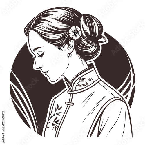 Chinese Woman Wearing Qipao with Side-Parted Hair Vector Illustration. Perfect for: Chinese New Year, Mid-Autumn Festival, Shanghai Fashion Week
