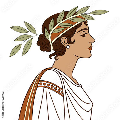Greek Woman in Traditional Costume with Olive Leaf Crown Vector. Perfect for: Greek Independence Day, Oxi Day, Cultural Parades