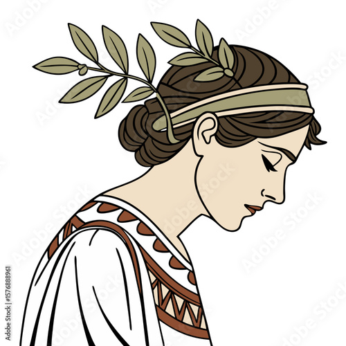 Greek Woman in Traditional Costume with Olive Leaf Crown Vector. Perfect for: Greek Independence Day, Oxi Day, Cultural Parades