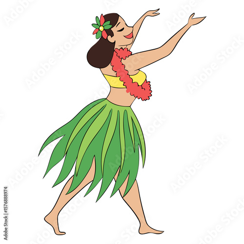 Hawaiian Hula Dancer in Grass Skirt and Floral Lei Vector. Perfect for: Lei Day, Hawaiian Luau, Aloha Festivals