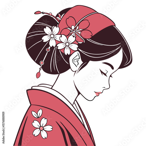 Japanese Girl in Red Kimono with Cherry Blossom Hairpin Vector Illustration. Perfect for: Hinamatsuri (Girls’ Day), Japanese New Year, Cherry Blossom Festival