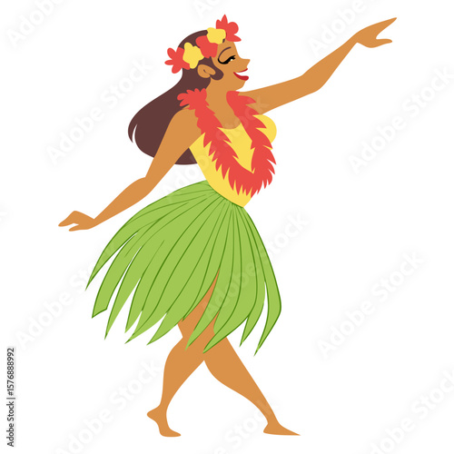 Hawaiian Hula Dancer in Grass Skirt and Floral Lei Vector. Perfect for: Lei Day, Hawaiian Luau, Aloha Festivals