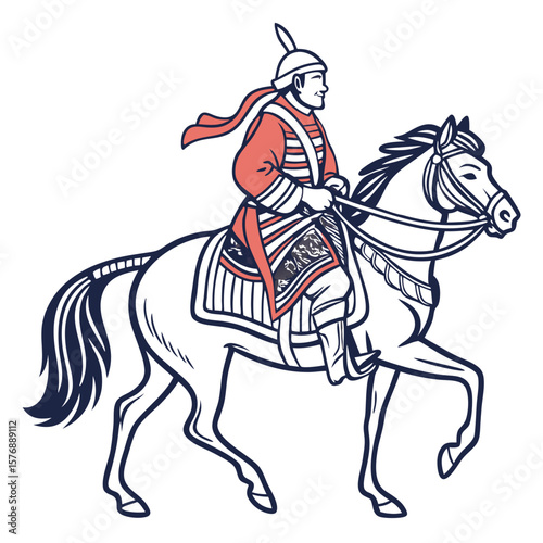 Mongolian Man in Traditional Deel Riding Horse Vector Illustration. Perfect for: Naadam Festival, Mongolian National Pride Day, Nomadic Culture Events