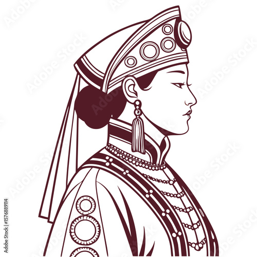Mongolian Noblewoman in Royal Attire and Headdress Vector Illustration. Perfect for: Mongolian New Year (Tsagaan Sar), Cultural Exhibitions