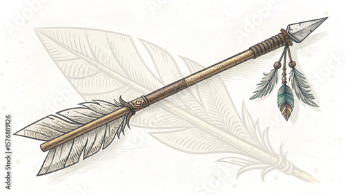 Illustration of a detailed arrow with feathers and a sharp arrowhead on a white background art