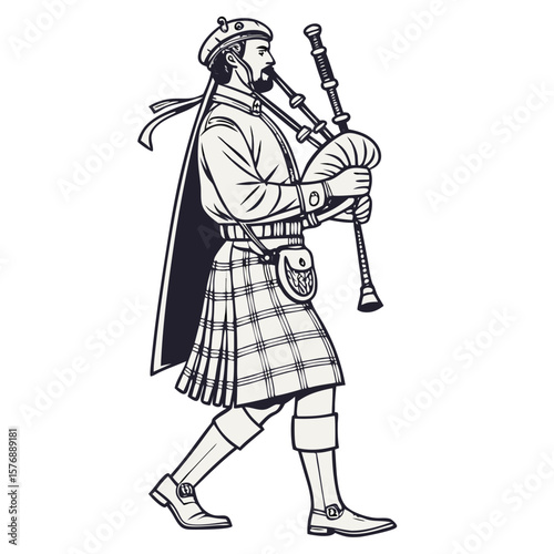 Scottish Man in Tartan Kilt with Bagpipes Vector Illustration. Perfect for: Burns Night, Highland Games, Scottish Heritage Events