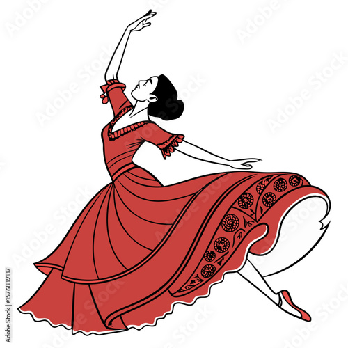 Spanish Flamenco Dancer in Flowing Red Dress Vector Illustration. Perfect for: Feria de Abril, Hispanic Heritage Month, Dance Shows