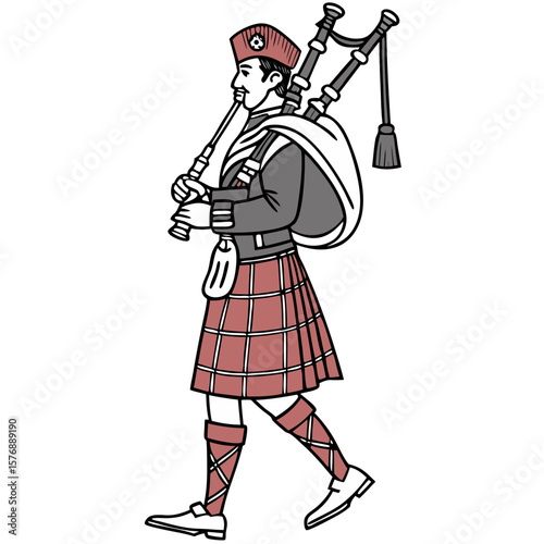 Scottish Man in Tartan Kilt with Bagpipes Vector Illustration. Perfect for: Burns Night, Highland Games, Scottish Heritage Events