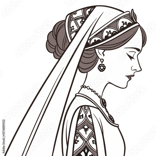 Turkish Woman in Palace-Style Attire with Jeweled Veil Vector Illustration. Perfect for: Turkish Wedding, Eid al-Fitr, Ottoman-Themed Events
