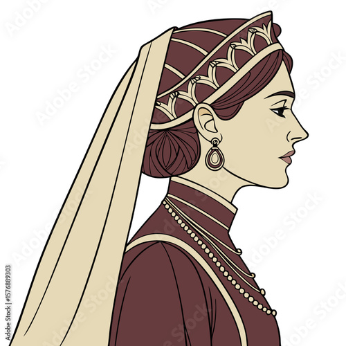 Turkish Woman in Palace-Style Attire with Jeweled Veil Vector Illustration. Perfect for: Turkish Wedding, Eid al-Fitr, Ottoman-Themed Events
