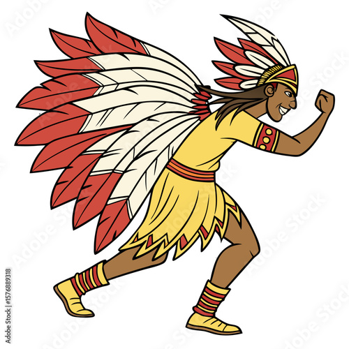 Young Brazilian Indigenous Man in Feathered Tribal Costume Vector. Perfect for: Indigenous Peoples Day (Brazil), Carnival Cultural Parade, Amazon Awareness Events