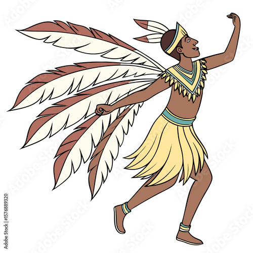 Young Brazilian Indigenous Man in Feathered Tribal Costume Vector. Perfect for: Indigenous Peoples Day (Brazil), Carnival Cultural Parade, Amazon Awareness Events