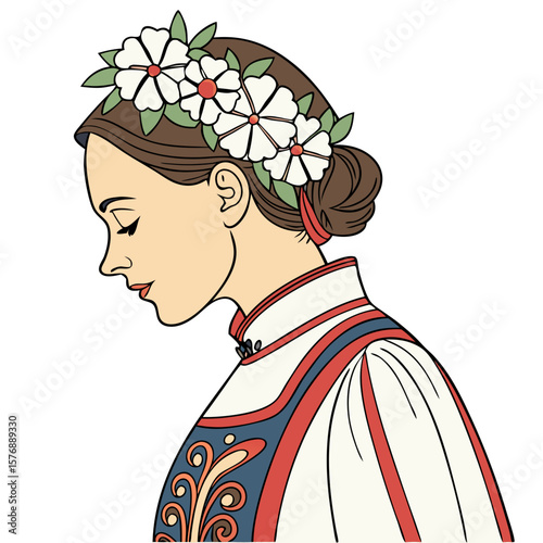 Polish Woman in Traditional Folk Costume with Floral Crown Vector. Perfect for: Dożynki Harvest Festival, Polish Constitution Day, Spring Celebrations