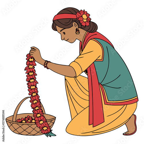 Nepali Woman in Traditional Dress Holding Flower Garland Vector Art. Perfect for: Tihar Festival, Nepali New Year, Cultural Ceremonies